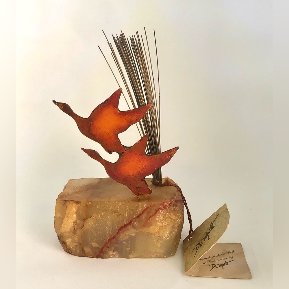 DeMott Metal Sculpture Geese In Flight Copper Brass Steel Mounted On Onyx